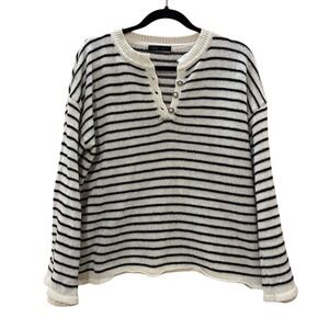 Shein Black White Striped Button Front Sweater Women's M Soft Knit Pullover